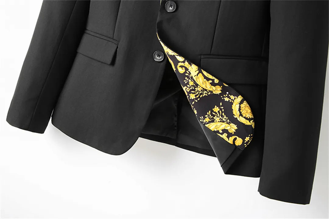 VERSACE || Men's Black Slim Fit Blazer With Gold Print Collar for Business & Wedding