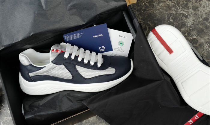 Prada America's Cup Leather Sneakers in Navy and Silver