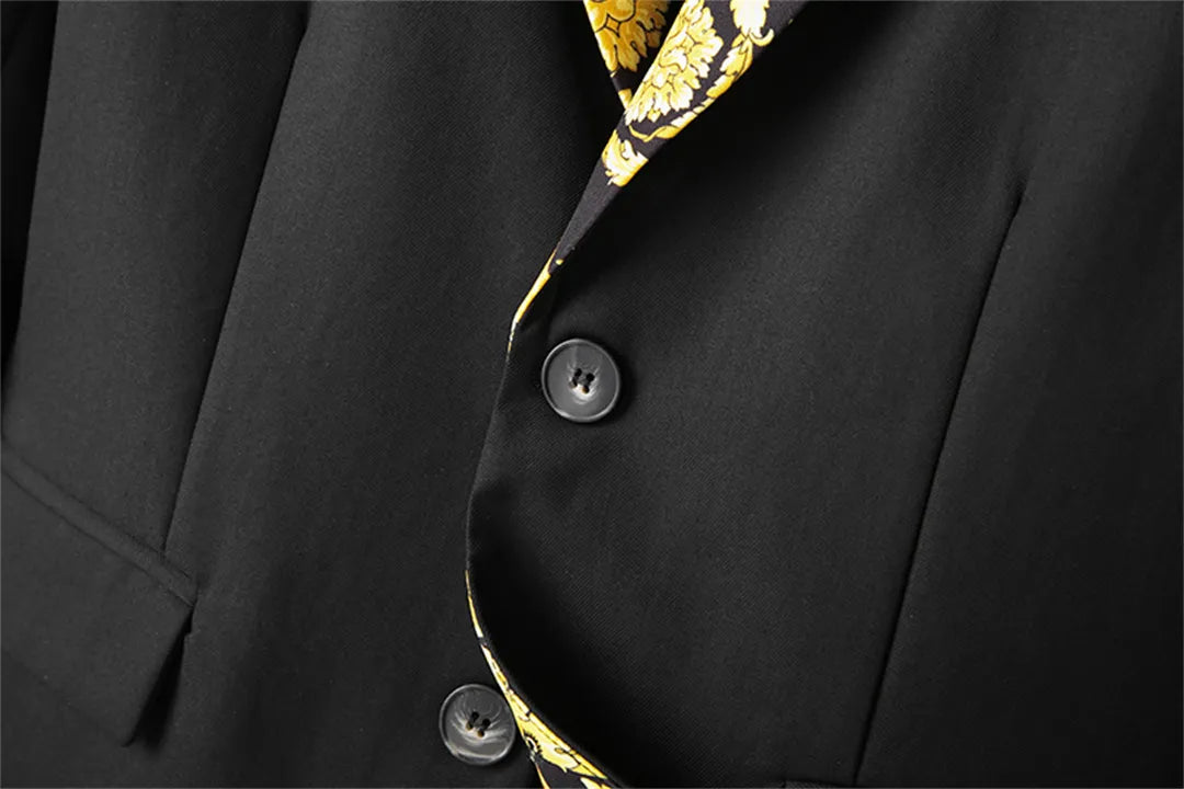 VERSACE || Men's Black Slim Fit Blazer With Gold Print Collar for Business & Wedding