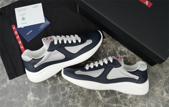 Prada America's Cup Leather Sneakers in Navy and Silver