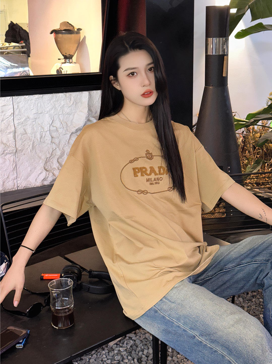 Chic Prada Milano Beige Logo Tee for Effortless Style