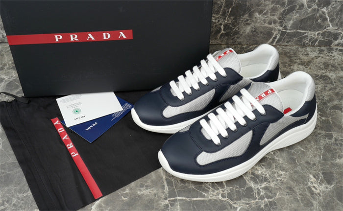 Prada America's Cup Leather Sneakers in Navy and Silver