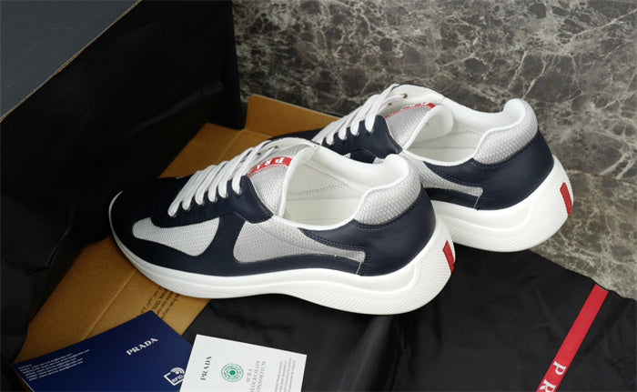 Prada America's Cup Leather Sneakers in Navy and Silver