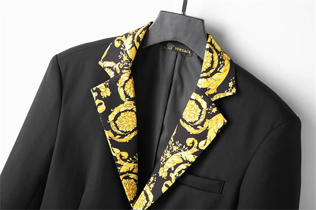 VERSACE || Men's Black Slim Fit Blazer With Gold Print Collar for Business & Wedding