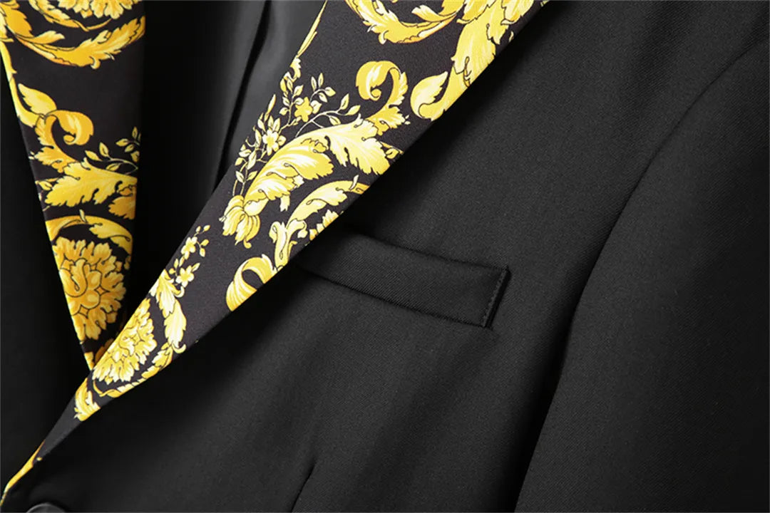 VERSACE || Men's Black Slim Fit Blazer With Gold Print Collar for Business & Wedding