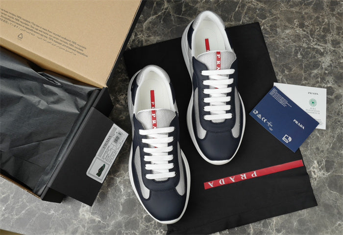 Prada America's Cup Leather Sneakers in Navy and Silver