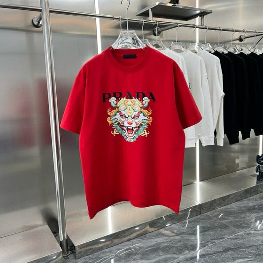 PRADA || PREMIUM DRAGON LOGO PRINT RED T-SHIRT