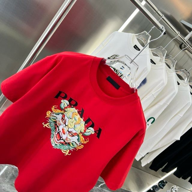 PRADA || PREMIUM DRAGON LOGO PRINT RED T-SHIRT