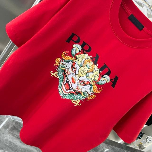 PRADA || PREMIUM DRAGON LOGO PRINT RED T-SHIRT