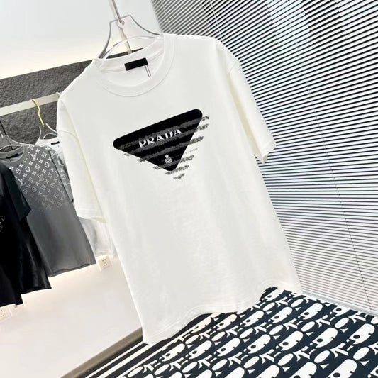 PRADA || STRIPED BIG LOGO T-SHIRT - WHITE