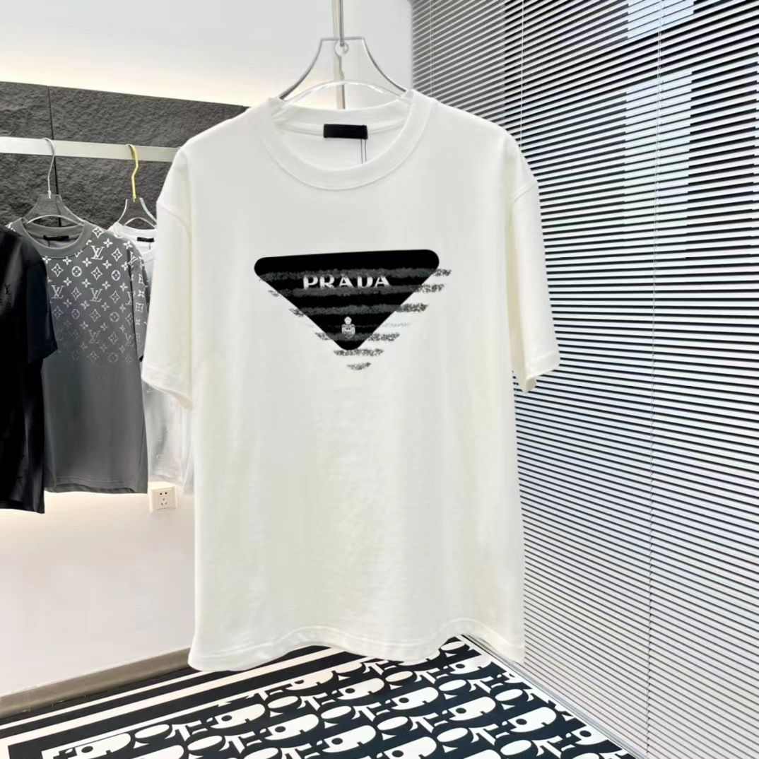 PRADA || STRIPED BIG LOGO T-SHIRT - WHITE