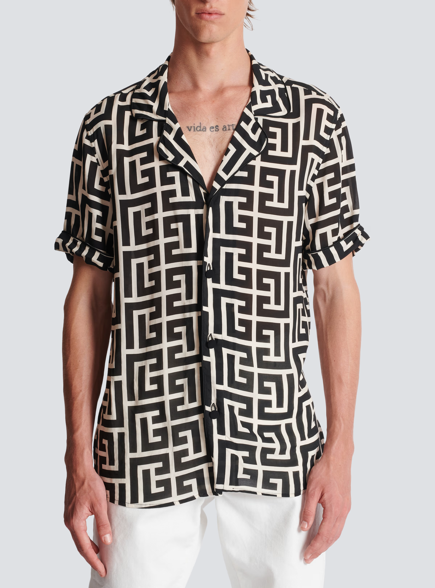 BALMAIN || Black Pyramid Monogram Printed Shirt