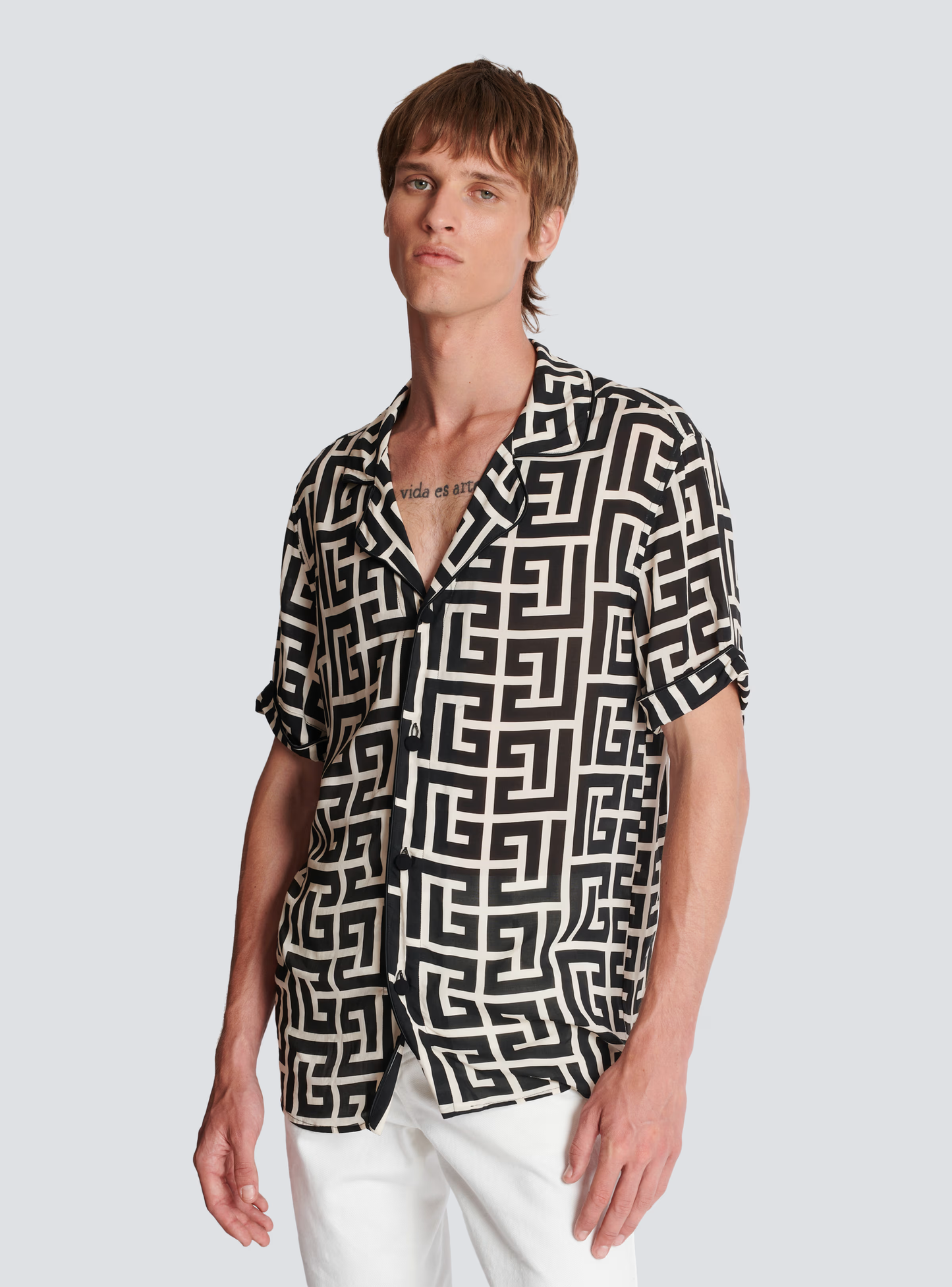 BALMAIN || Black Pyramid Monogram Printed Shirt