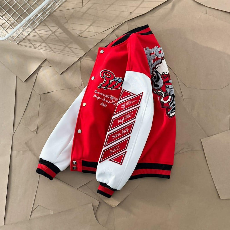 🔥 Off-White Red Varsity Jacket: Iconic Style, Bold Design 🔥