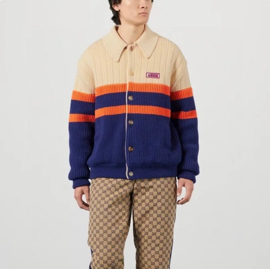 GUCCI || Rib Knit Wool Cardigan In Ivory/orange/mc